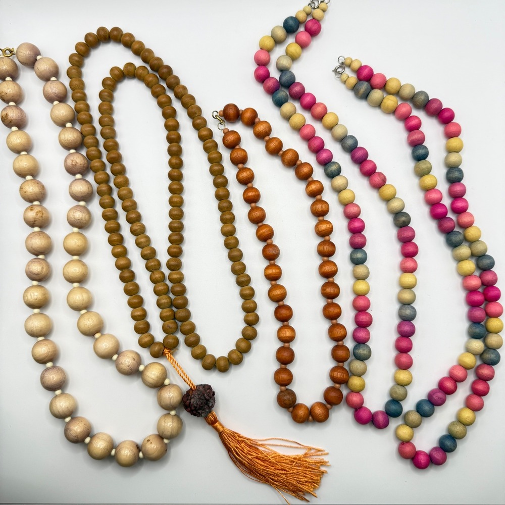 Vintage Wooden Bead Necklace Lot 5pc Boho Tassel Mala Multi Color Natural Earthy